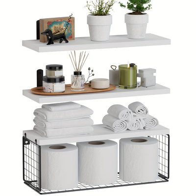 1set Bathroom Shelves Over Toilet, With Wire Basket, Wood Floating Shelf For Wall Decor, Bathroom Wall Decor Shelves