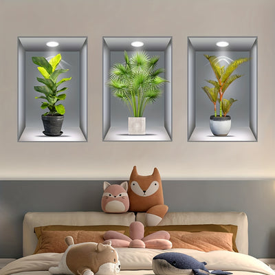 3pcs 3D Wall Sticker, Realistic Green Plants Pattern Self-Adhesive Wall Stickers