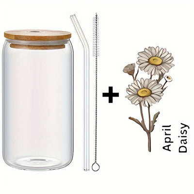 1pc, DIY Personalized Birth Flower Coffee Cup, Birth Flower Glass Tumbler Suitable As Gift