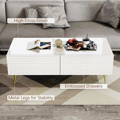 White Coffee Table, Rectangle Coffee Table for Living Room, Modern Coffee Table with 2 Drawers