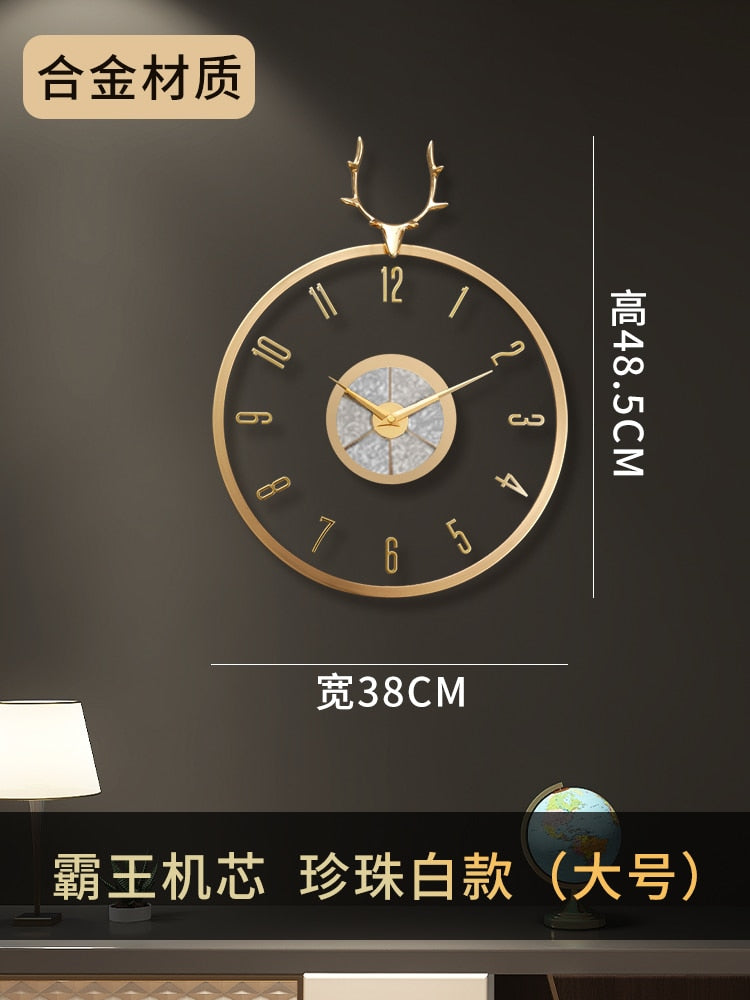 Nordic Modern Luxury Wall Clock Metal Copper Deer Head Creative Large Clock