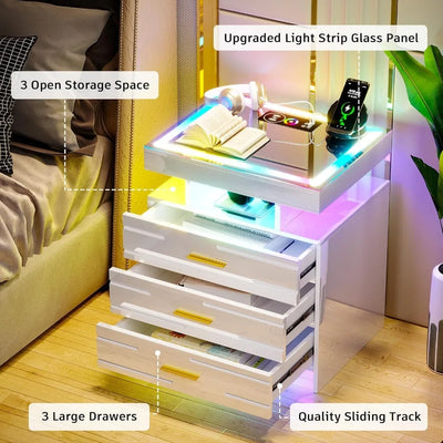 Bedroom Furniture Glass With Touch Screen Bedside Table RGB LED Bedside Table With Charging Station