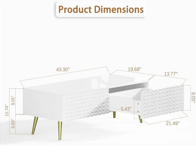 White Coffee Table, Rectangle Coffee Table for Living Room, Modern Coffee Table with 2 Drawers