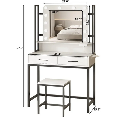 Makeup Vanity Table with Lighted Mirror & Power Outlet,2 Drawer Vanity Desk with Mirror and Lights