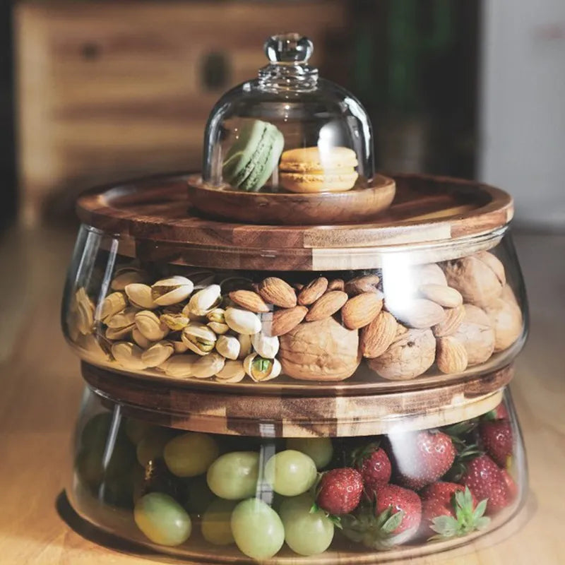 Creative Glass Food Storage Containers with Wooden Lid Kitchen Snack Fruit Candy Nut Sundries Storage Organizer for Kitchen