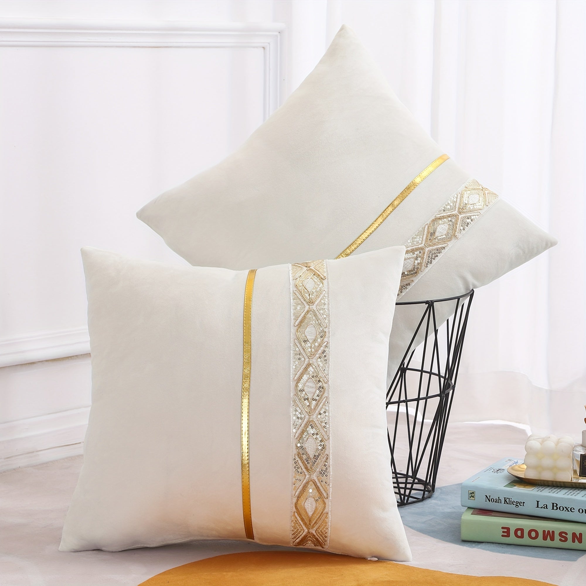 4pcs Sequin Embroidered Cushion Covers  Decoration Pillow Covers Luxury Gold Leather Stripe