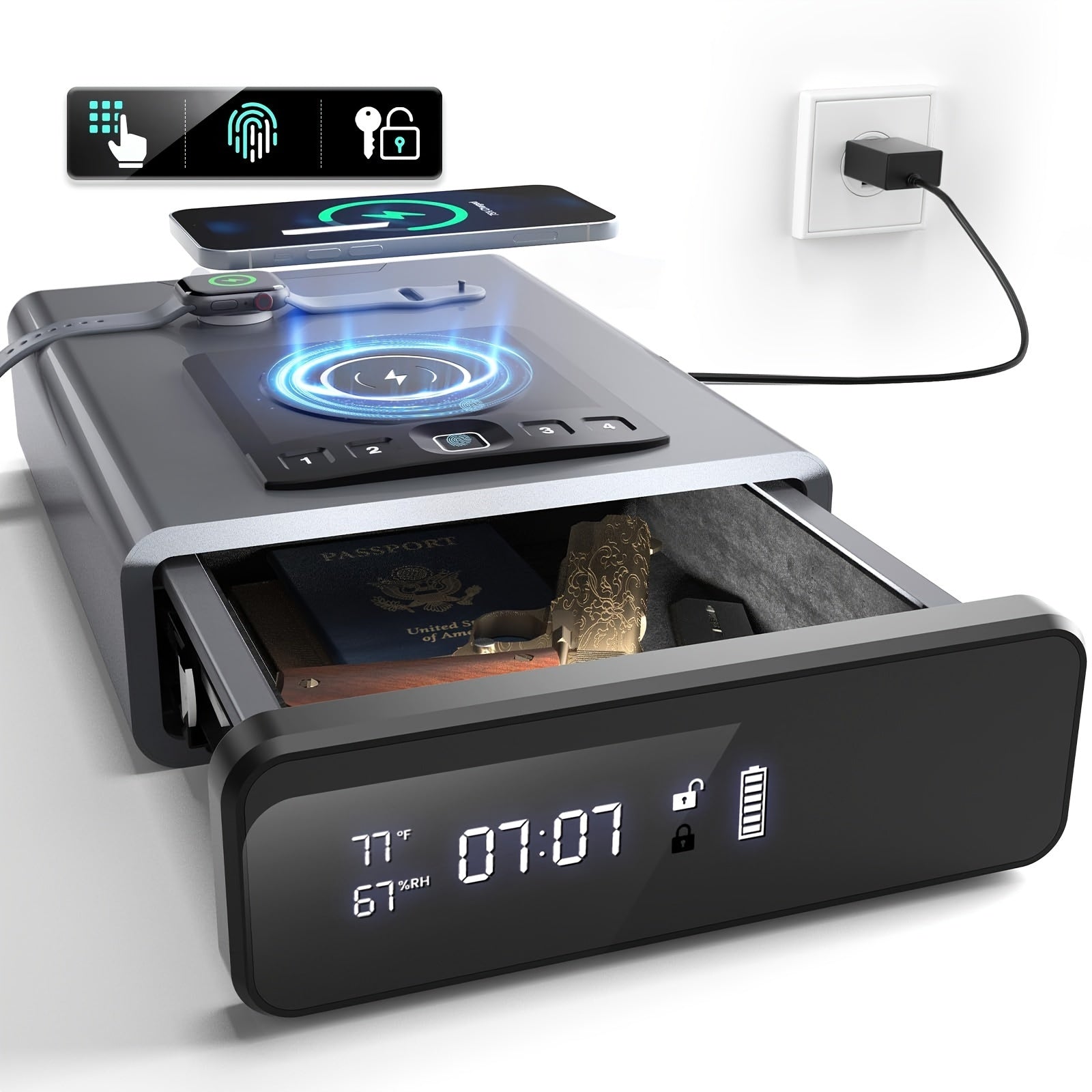 Biometric Gun Safe with LED Clock, DOJ Pistol Safe with 2-in-1 Watch & Phone Wireless Charging