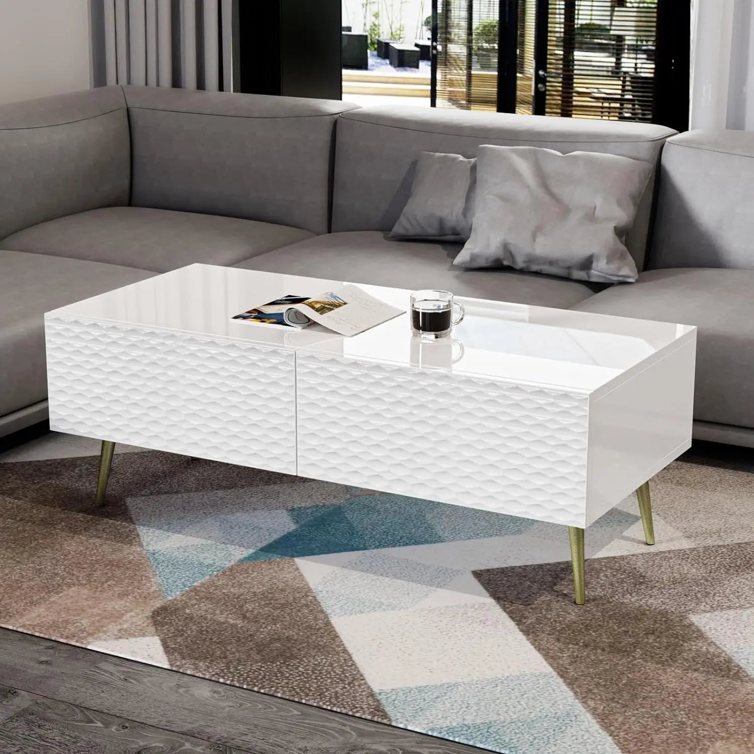 White Coffee Table, Rectangle Coffee Table for Living Room, Modern Coffee Table with 2 Drawers