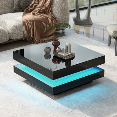 High Gloss Minimalist Design Coffee Table W/Plug-in 16-Color LED Lights 2-Tier