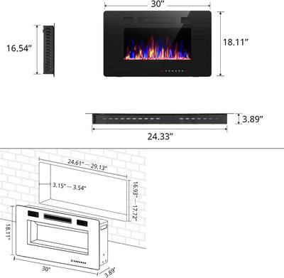 Electric Fireplace in-Wall Recessed  Wall Mounted 1500W Heater Linear Timer Multicolor Flames Touch Screen