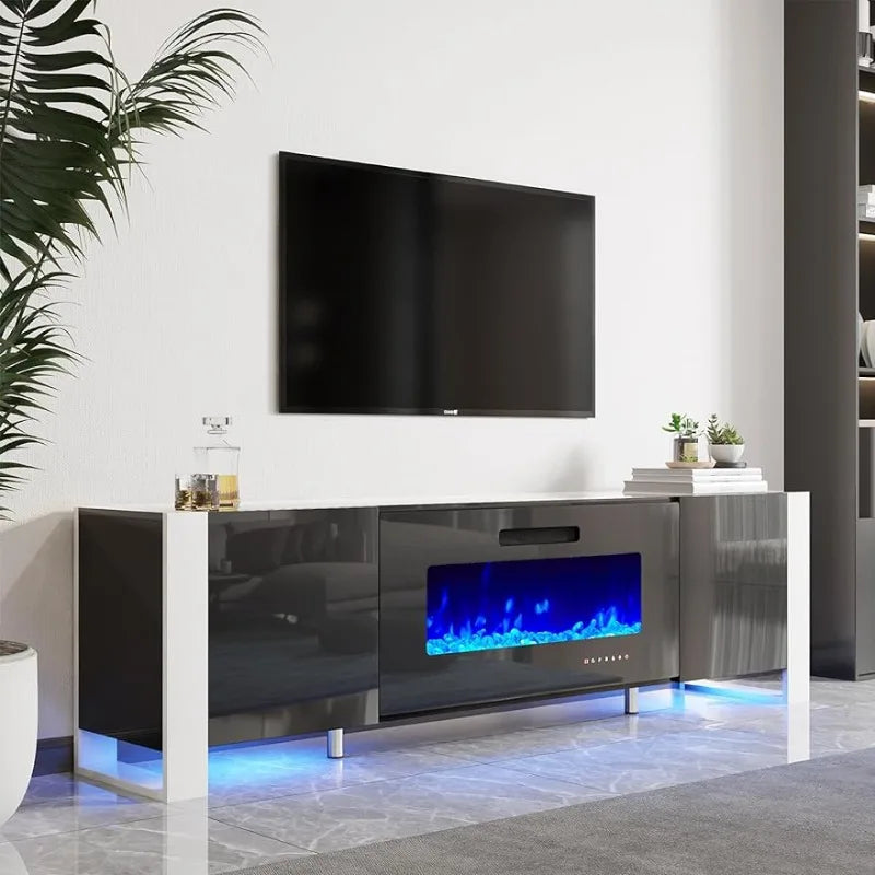 Fireplace TV Stand 80" Modern High Gloss Entertainment Center LED Lights, U-Shaped Legs TV Console Cabinet for TVs Up to 90"