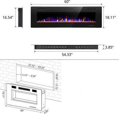 Electric Fireplace in-Wall Recessed  Wall Mounted 1500W Heater Linear Timer Multicolor Flames Touch Screen