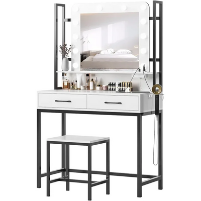 Makeup Vanity Table with Lighted Mirror & Power Outlet,2 Drawer Vanity Desk with Mirror and Lights