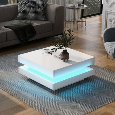 High Gloss Minimalist Design Coffee Table W/Plug-in 16-Color LED Lights 2-Tier