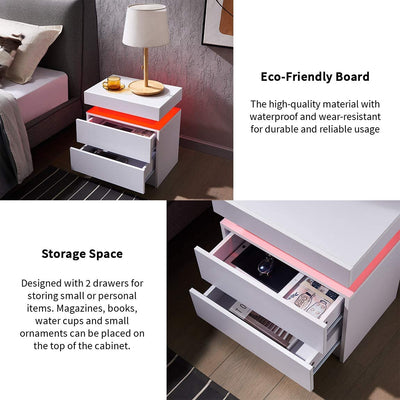 LED Coffee Table 2 Drawers Table Storage Organizer Bedside Cabinet